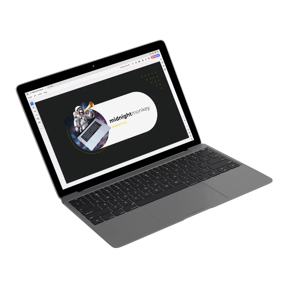 A well-organized Digital Marketing Launch Plan with charts, graphs, and colorful visual aids. The plan is strategically laid out, highlighting objectives, timelines, and actionable steps for a successful campaign launch. - Midnight Monkey