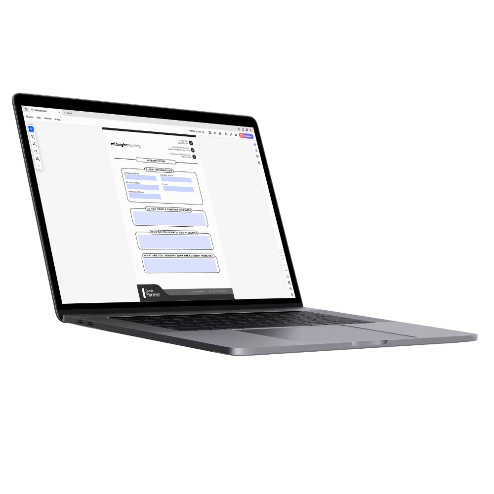 A close-up image of a website brief document. The document features headings and bullet points, symbolizing organization and planning for a successful website development project - Midnight Monkey