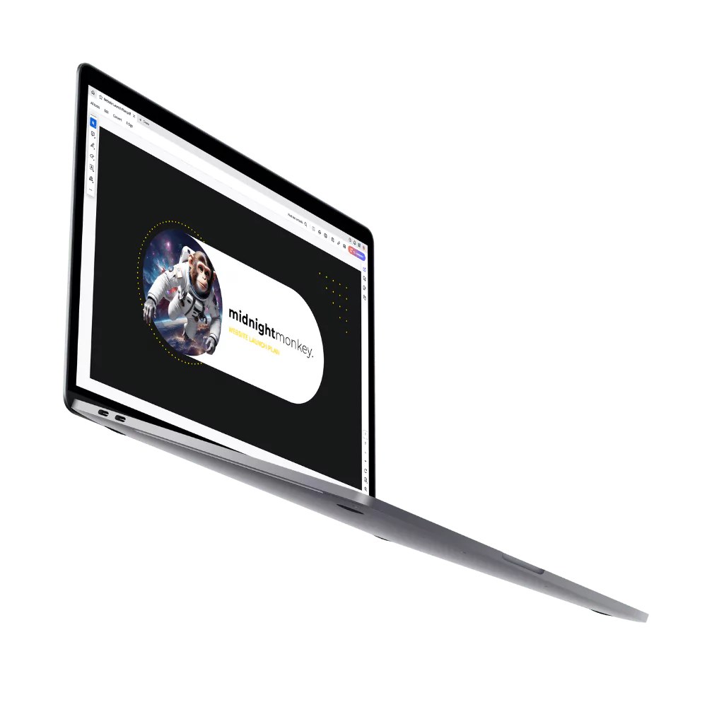 A laptop displaying a website launch plan document with charts and graphs. - Midnight Monkey