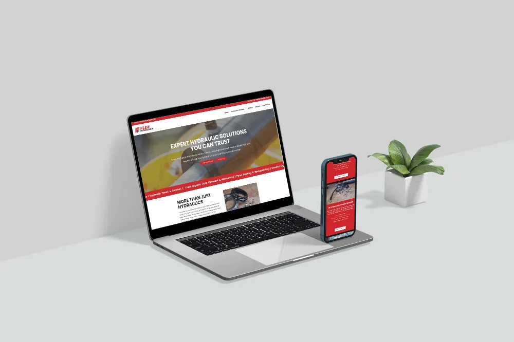 A mockup of the new Flexy Hydraulics Website on a laptop and mobile screen